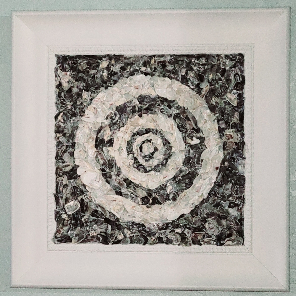 HANDMADE ONE OF A KIND GREY & WHITE OYSTER SHELL ABSTRACT 22.5" x 22.5" PICTURE